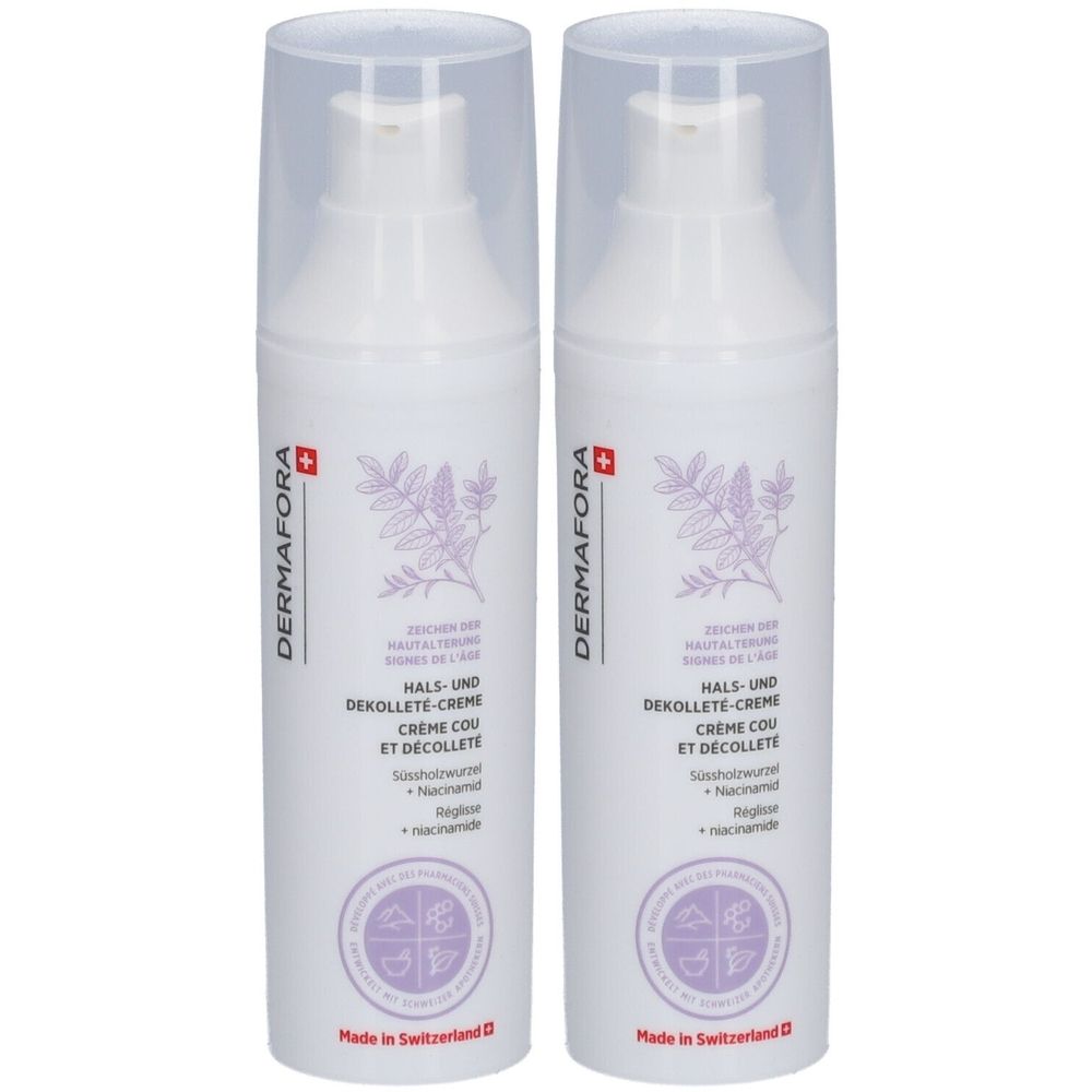 Deux flacons blancs de crème anti-âge Dermafora® pour le cou et le décolleté. Inscription : Crème Cou et Décolleté. Avec couvercles.