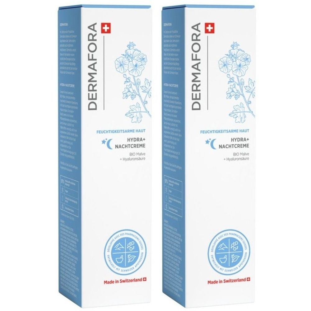 Deux boîtes pliantes rectangulaires. Inscription: DERMAFORA, Hydra+ Nachtcreme. Croix suisse. Couleurs bleu et blanc. Sceau.