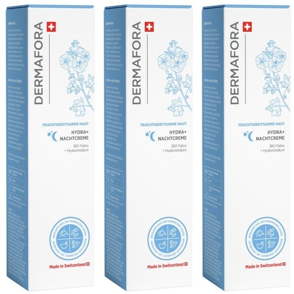 Trois boîtes de crème de nuit DERMAFORA Hydra+. Emballage bleu avec logo, nom du produit et croix suisse. Texte : Peau sèche.