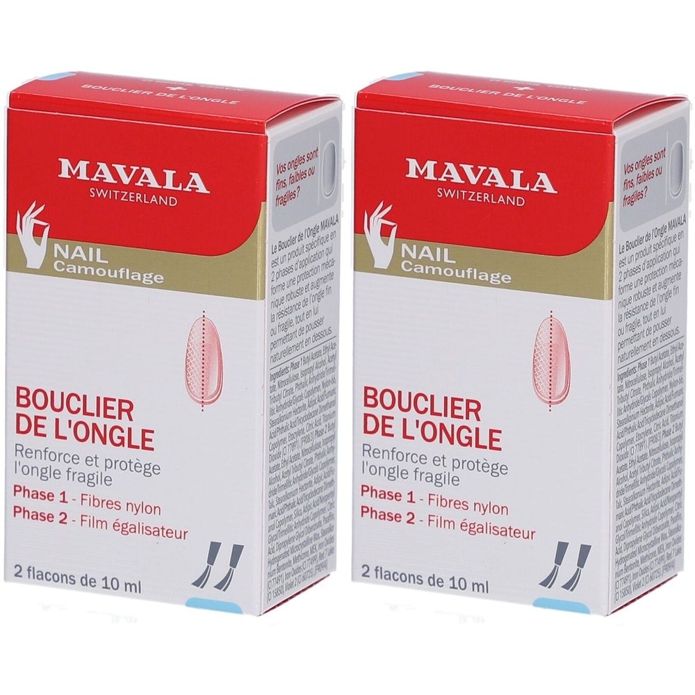 Deux boîtes avec le dessus rouge. Inscription : MAVALA, Nail Camouflage, BOUCLIER DE L'ONGLE. Contient 2 flacons de 10 ml.