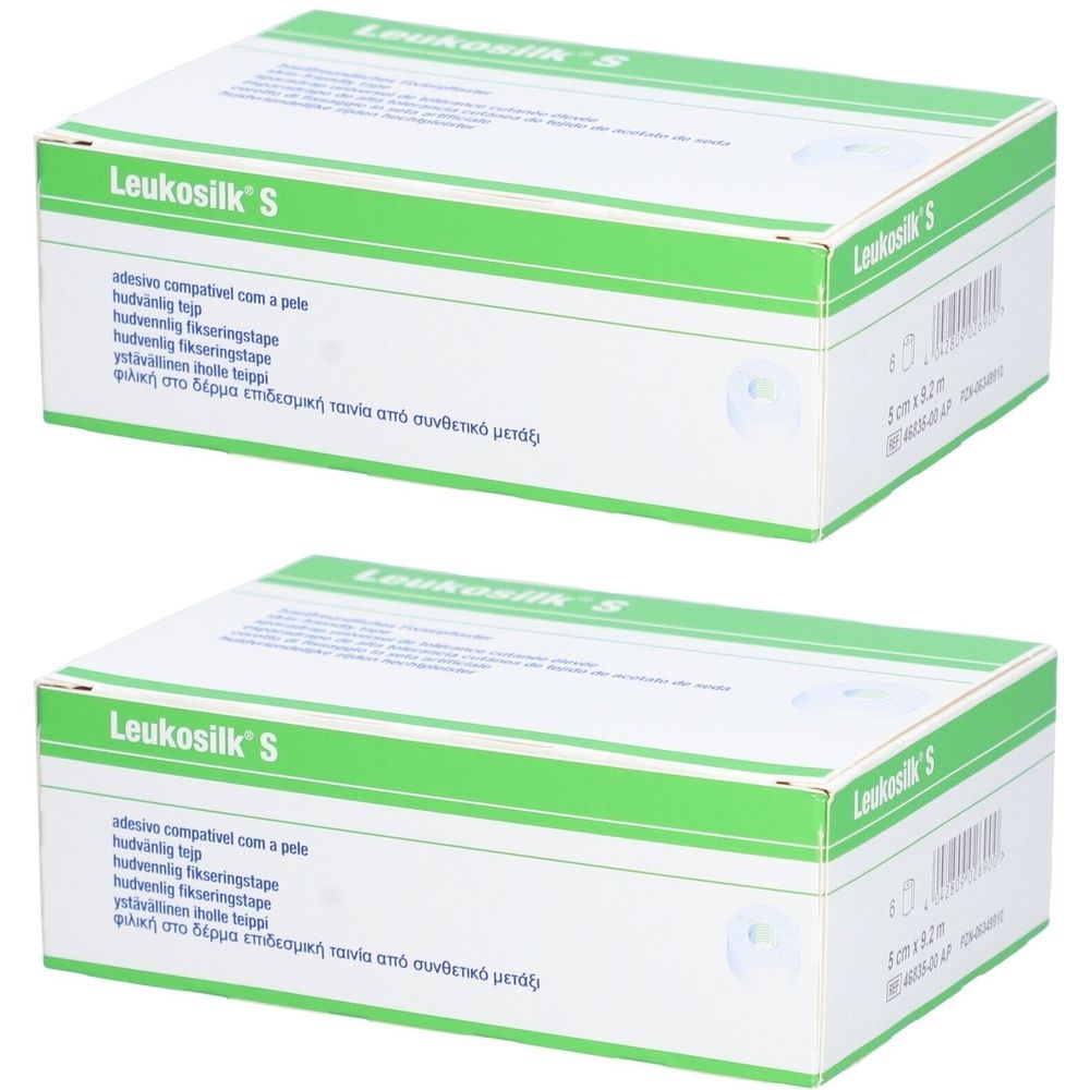 Deux boîtes blanches avec une bande verte. Inscription : Leukosilk S. Texte en plusieurs langues. Impression : 5 cm x 9,2 m.