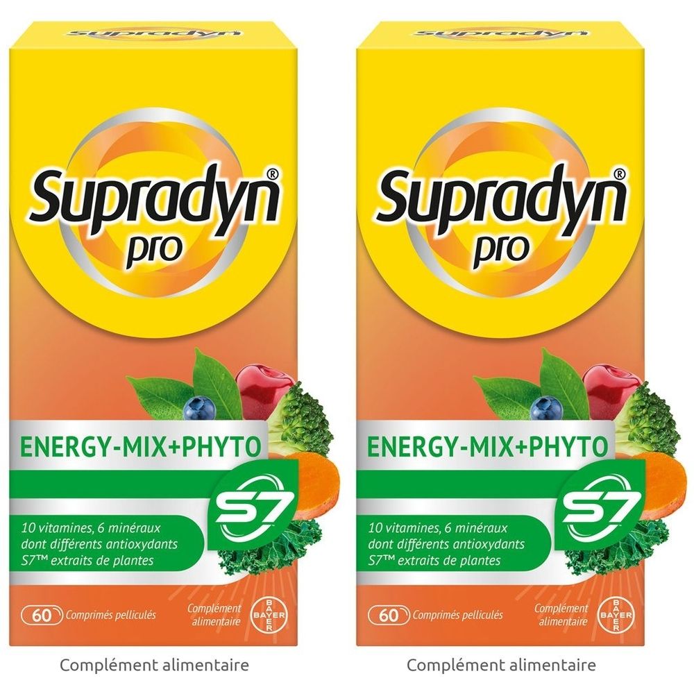 Zwei Packungen Supradyn pro. Gelb-orangefarbene Verpackung mit Produktnamen und Logo. Enthält Obst- und Gemüseabbildungen und Text.