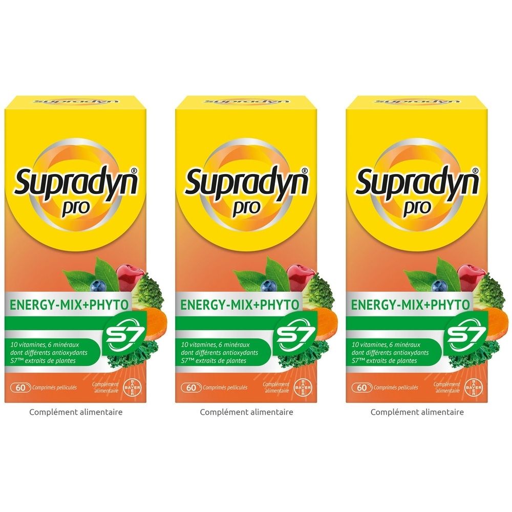 Drei Schachteln Supradyn pro. Gelb-orangefarbene Verpackung mit Produktnamen und Zusatzbezeichnungen. Abbildung von Früchten und Gemüse.