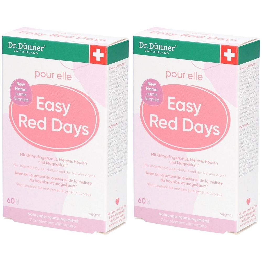 Zwei Kartons von Dr. Dünner Easy Red Days. Weiße Verpackung mit rosa ovalem Feld und Text. Schweizer Kreuz und Schriftzug "pour elle".