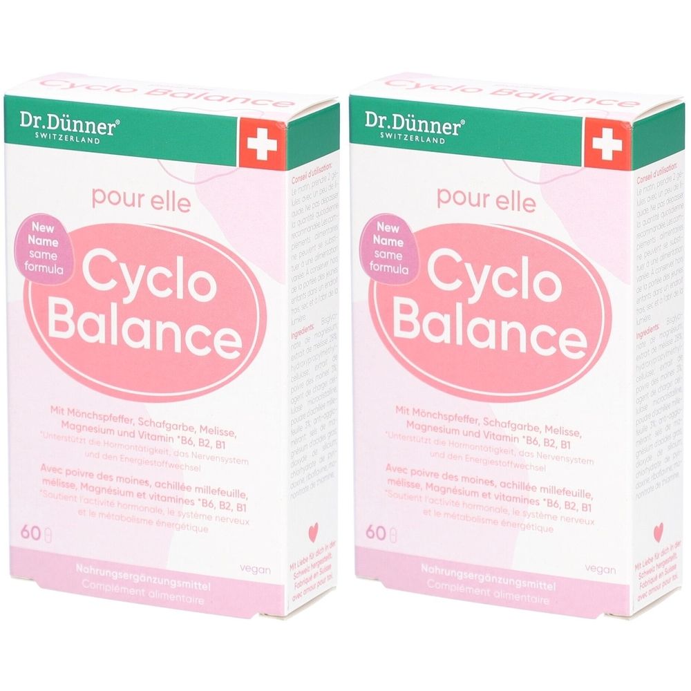 Zwei Kartons mit "Cyclo Balance"-Aufdruck. Marke Dr. Dünner. Rosa-weiße Verpackung mit rotem Kreuz. Enthält 60 Tabletten.