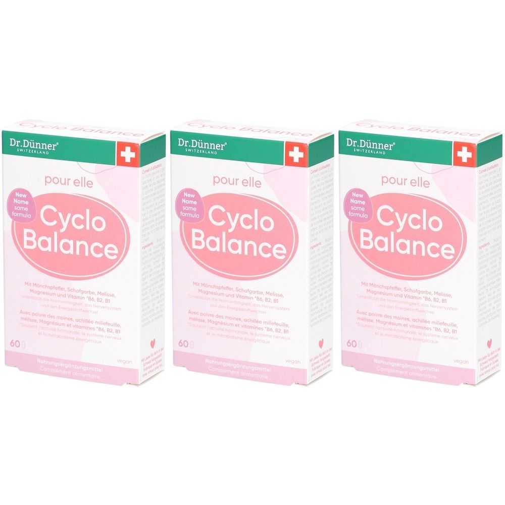 Drei Packungen Dr. Dünner Cyclo Balance. Weiße Schachteln mit rosa ovalem Logo. Text: Cyclo Balance, pour elle, 60. Grün-weißes Logo mit Kreuz.
