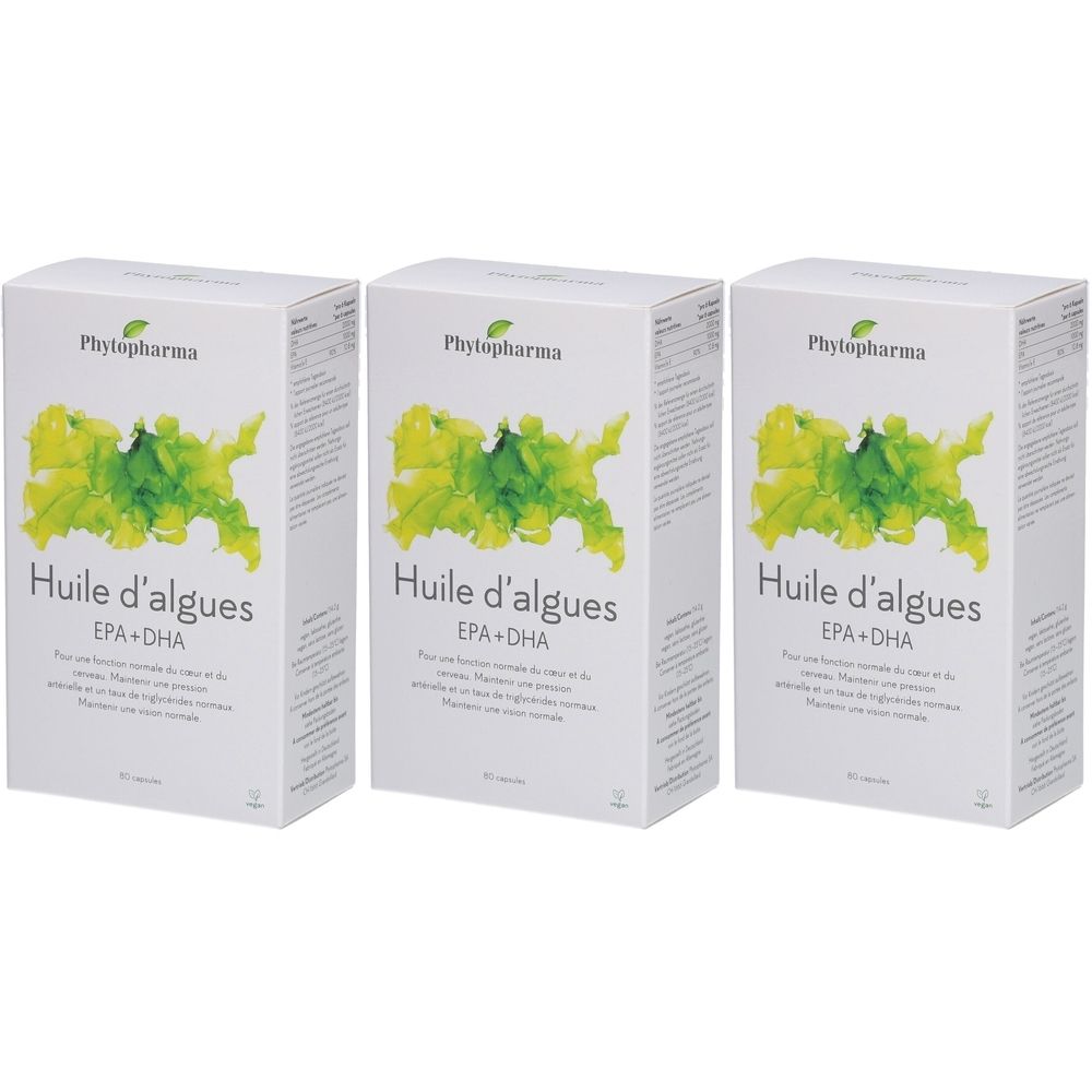 Trois boîtes blanches avec texte. Marque: Phytopharma. Produit: Huile d'algues EPA+DHA. Design d'algues vertes.