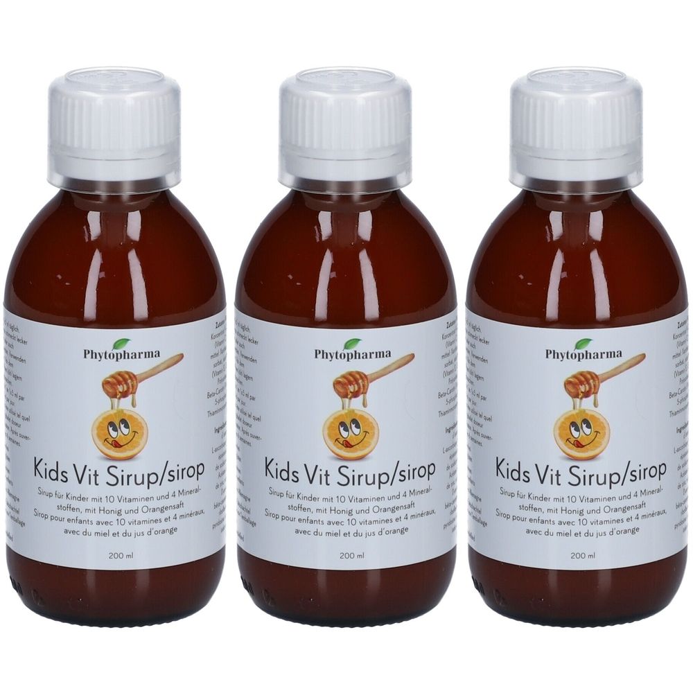 Trois flacons bruns avec bouchons blancs. L'étiquette indique "Phytopharma Kids Vit Sirup/sirop".