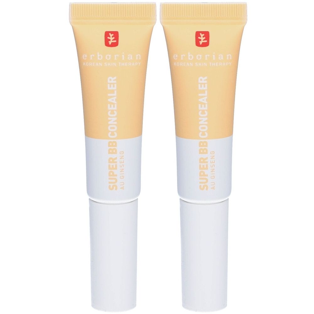 Deux tubes de correcteur. Moitié supérieure beige, moitié inférieure blanche. Inscription : SUPER BB CONCEALER, AU GINSENG. Marque : Erborian.