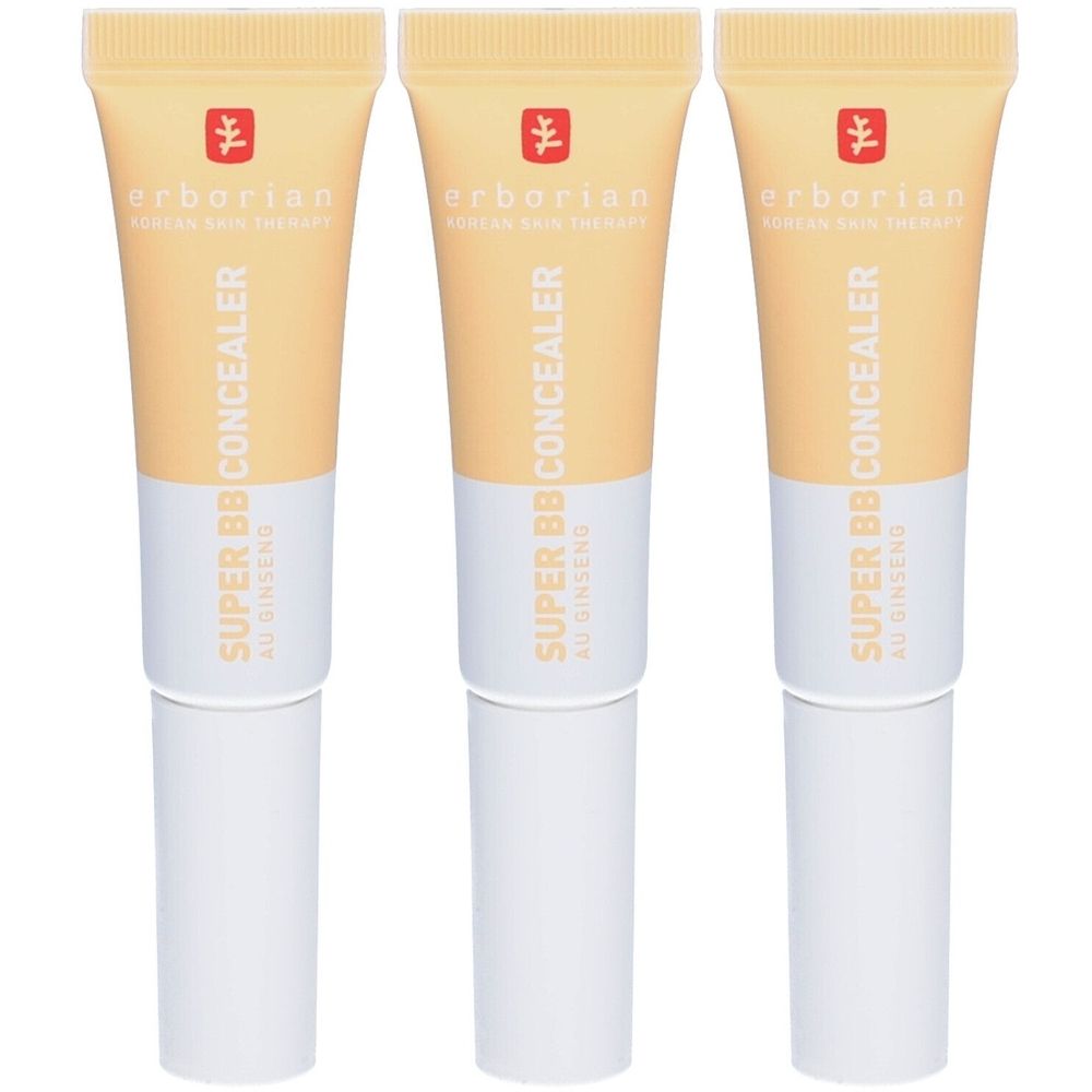 Drei Tuben Concealer. Beige-farbene Oberteile mit weißem Unterteil. Aufschrift: SUPER BB CONCEALER, AU GINSENG, erborian.