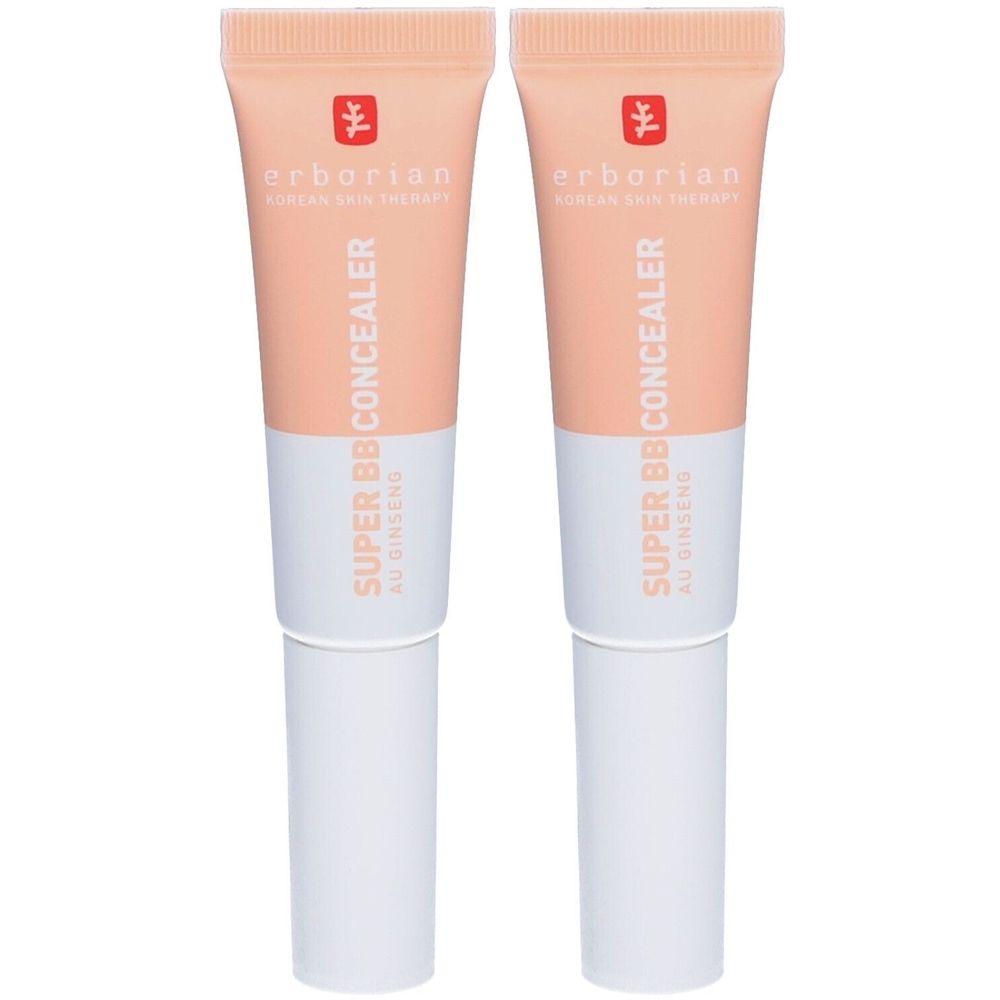 Zwei Tuben Concealer. Farbverlauf von Pfirsich zu Weiß. Schriftzug: Super BB Concealer, Ginseng. Marke: Erborian.