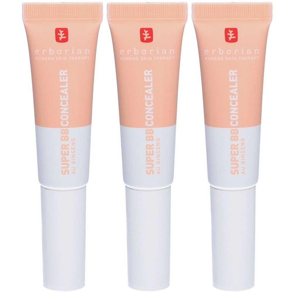 Drei Tuben Concealer. Die obere Hälfte ist pfirsichfarben, die untere weiß. Aufschrift: Erborian, Super BB Concealer, Au Ginseng.
