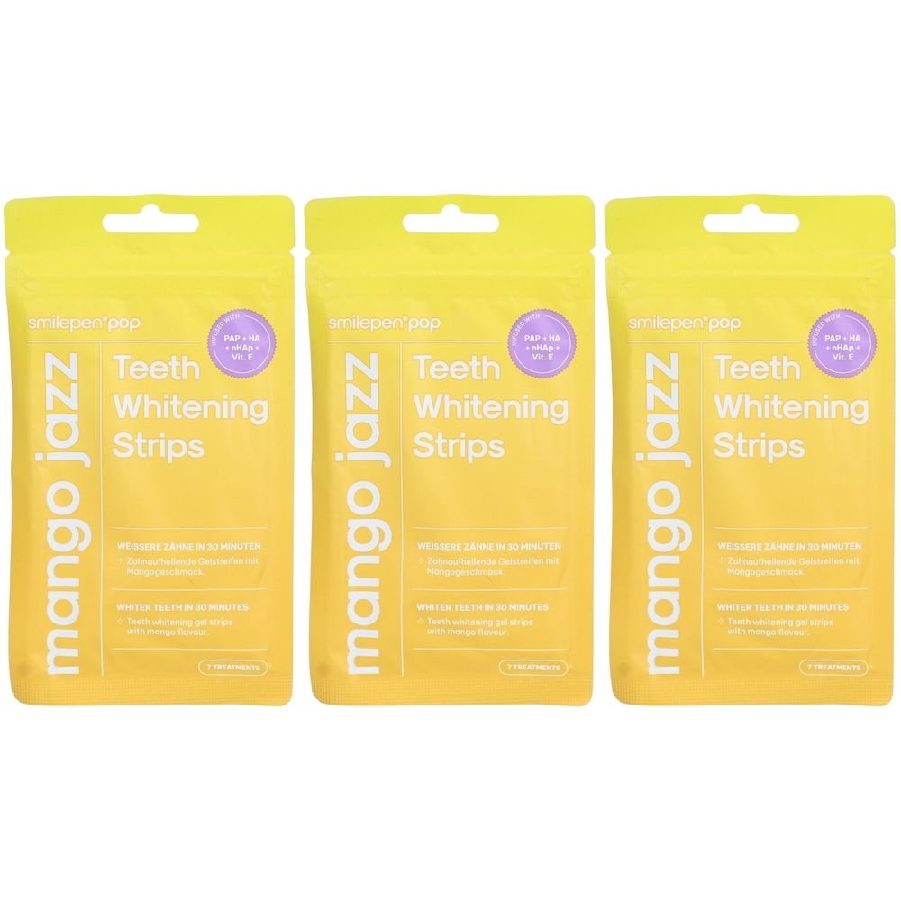 Drei gelbe Verpackungen mit der Aufschrift "mango jazz Teeth Whitening Strips". Jede Packung hat eine Aufhängevorrichtung.