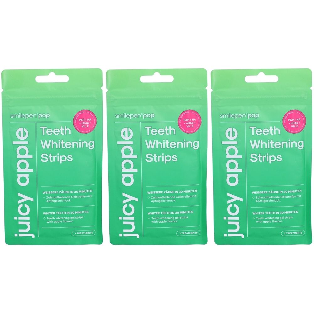 Trois emballages verts de bandes blanchissantes. Inscription : Juicy Apple, Teeth Whitening Strips. Cercle rose avec texte.