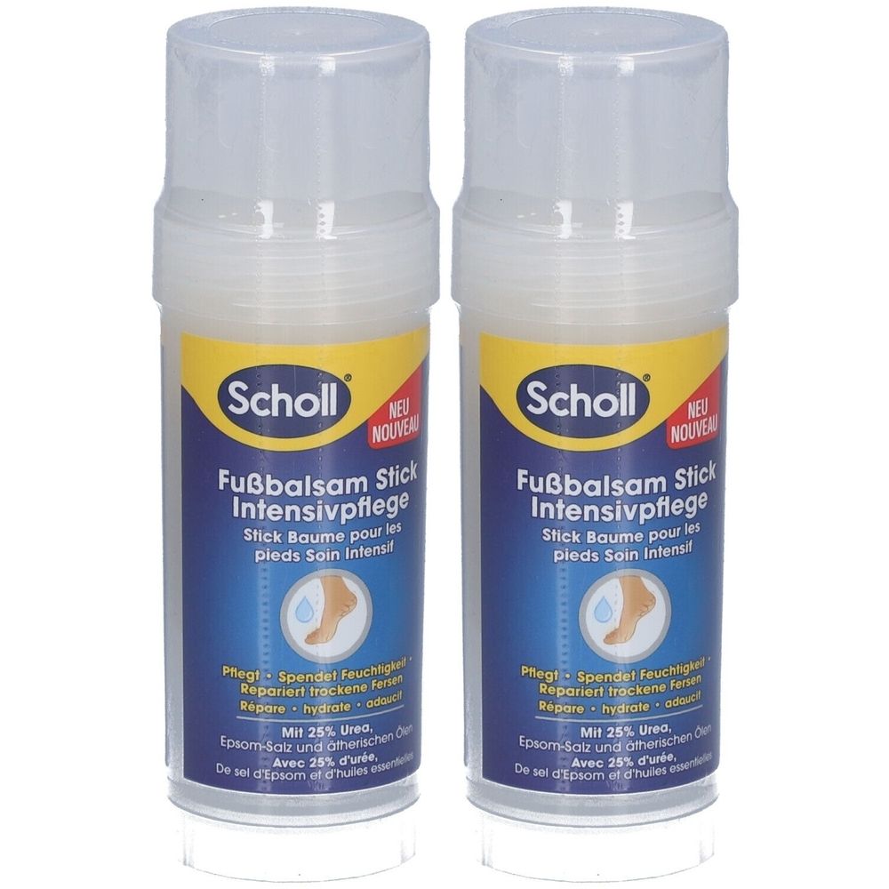 Zwei Scholl Fußbalsam Sticks. Zylindrische Form mit gelb-blauem Etikett. Aufschrift: Fußbalsam Stick Intensivpflege. Mit Deckel.