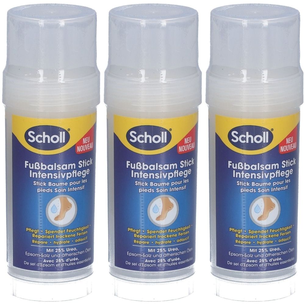 Drei zylindrische Behälter mit weißem Balsam. Aufschrift: Scholl Fußbalsam Stick Intensivpflege. Mit Deckel und Produktinformationen.