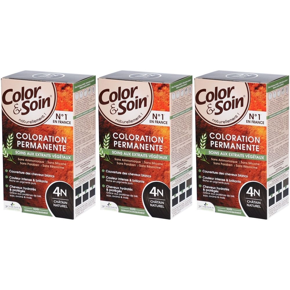 Drei Schachteln Color & Soin® Haarfarbe. Aufdruck: Coloration Permanente, 4N Châtain Naturel. Mit Pflanzenextrakten. Nr. 1 in Frankreich.