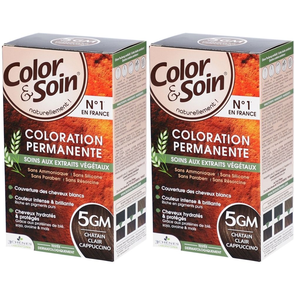 Zwei Kartons Color & Soin Haarfarbe. Aufschrift: Coloration Permanente, 5GM Châtain Clair Cappuccino. Ohne Ammoniak, Silikon, Parabene.