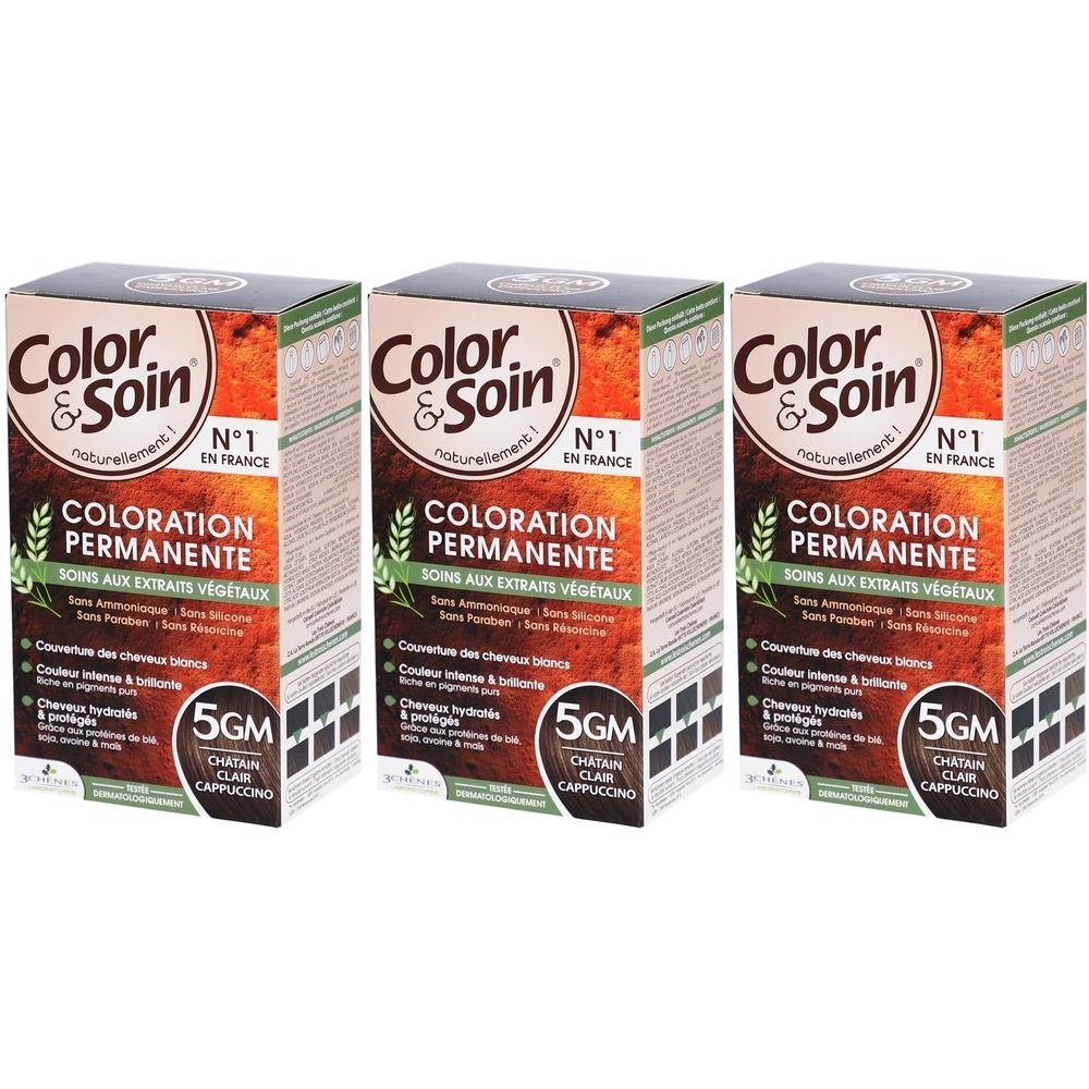 Drei Packungen Color & Soin Haarfarbe. Aufdruck: Coloration Permanente, 5GM Châtain Clair Cappuccino. Mit Pflanzenextrakten.
