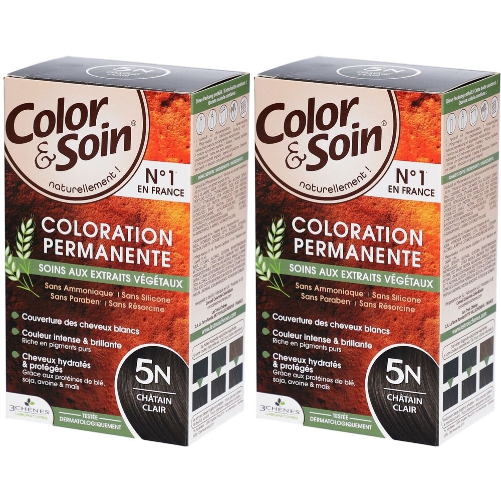Zwei Kartons Color & Soin Haarfarbe. Aufschrift: Coloration Permanente, 5N Châtain Clair. Ohne Ammoniak, Silikon, Parabene und Resorcin.