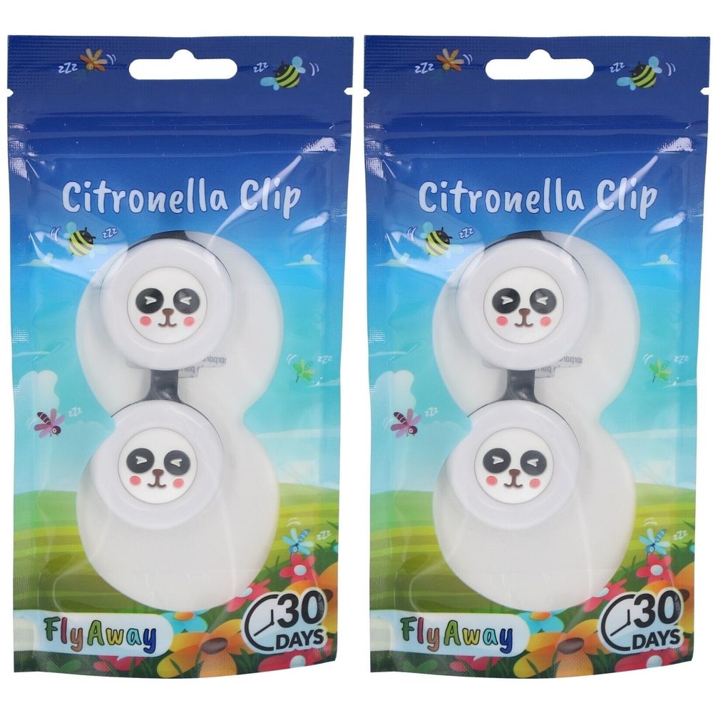 Deux clips Panda dans un emballage. Inscription : Citronella Clip, FlyAway, 30 jours.