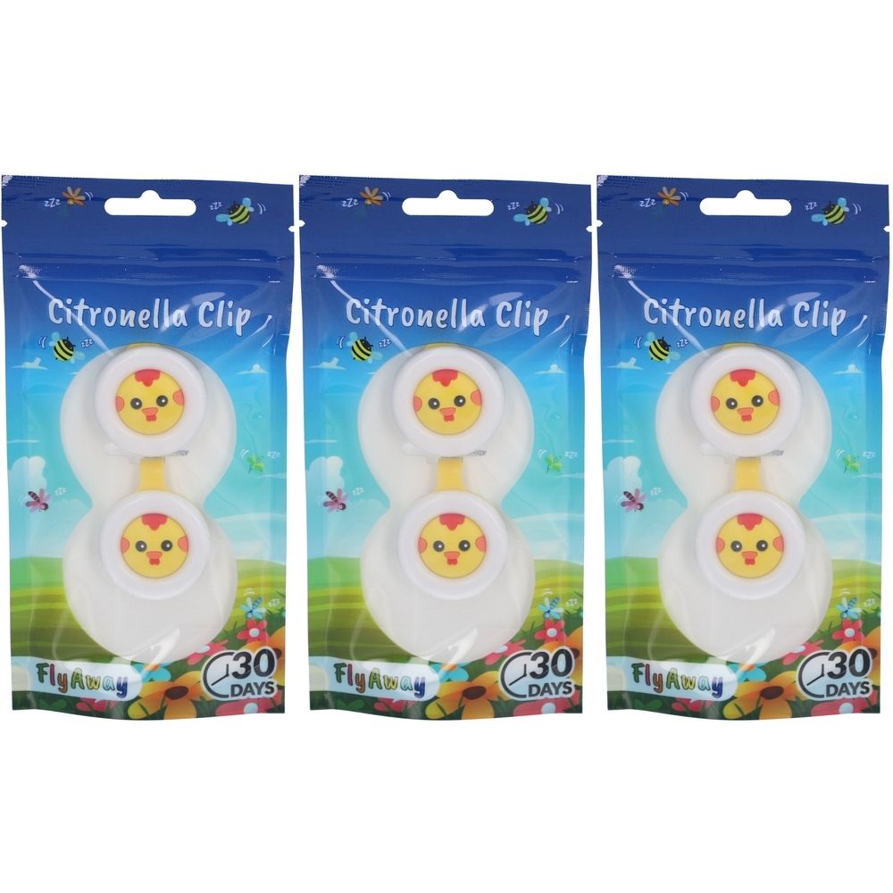 Trois paquets de Citronella Clip. Chaque paquet contient deux clips blancs avec des motifs de poussins jaunes. Inscription: FlyAway, 30 DAYS.