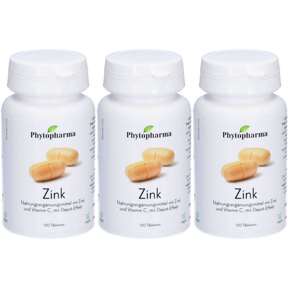 Trois flacons blancs avec bouchons à vis. Chaque flacon porte le logo Phytopharma, le mot Zink et une image de comprimés.