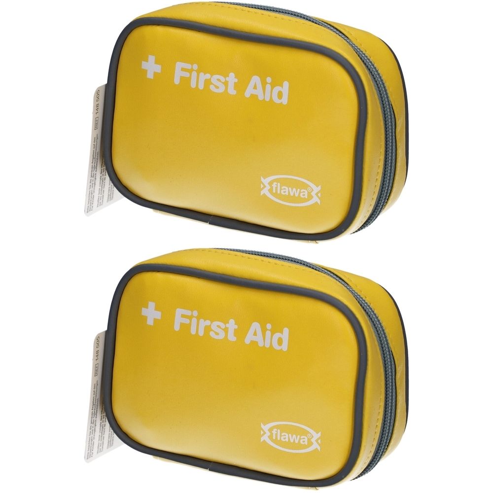 Hellgelbe Taschen-Apotheke mit Reißverschluss und Aufdruck "First Aid". Marke: flawa. Zwei Stück.