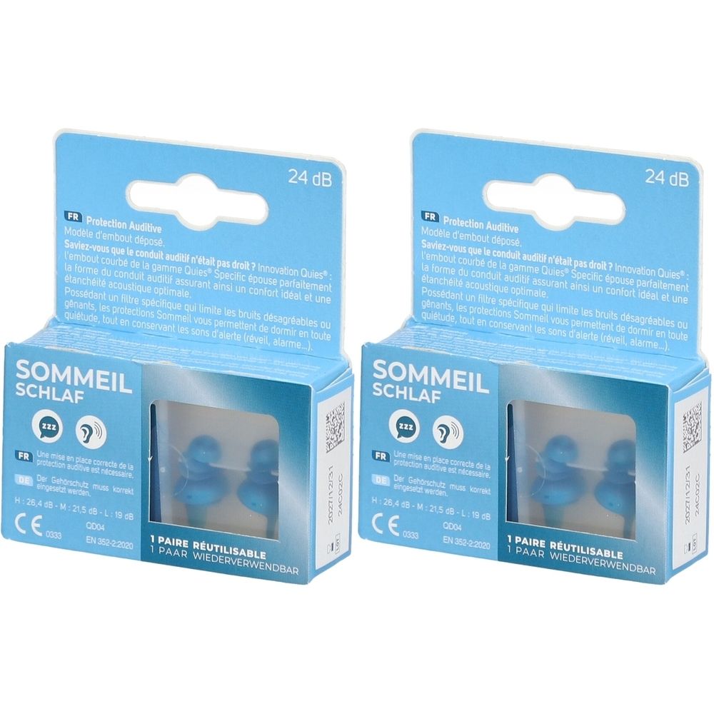 Zwei Packungen mit blauen Ohrstöpseln. Aufschrift: SOMMEIL SCHLAF, 24 dB, CE-Zeichen. 1 Paar wiederverwendbar.