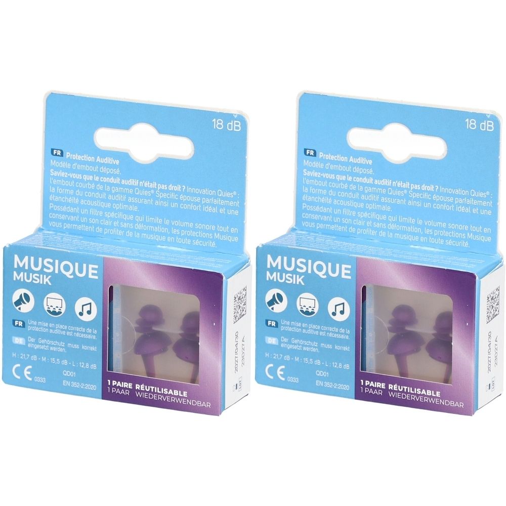 Zwei Packungen Gehörschutz. Jede Packung zeigt zwei lilafarbene Ohrstöpsel in einer transparenten Verpackung. Aufschrift: MUSIQUE.