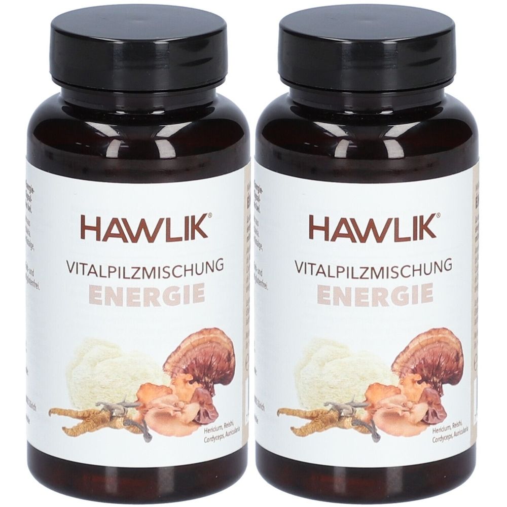 Zwei braune Flaschen mit schwarzem Deckel. Auf den Etiketten steht "HAWLIK Vitalpilzmischung Energie". Darunter Abbildungen von Pilzen.