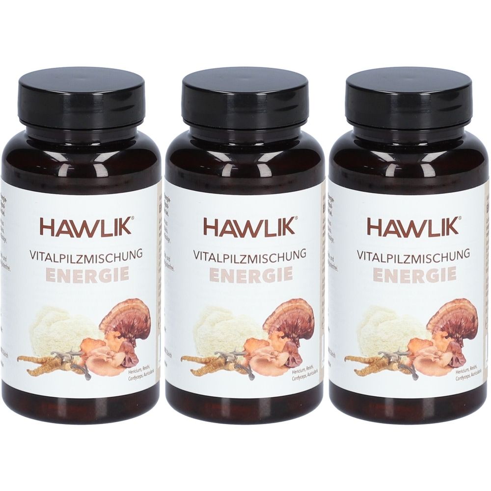 Drei braune Flaschen mit schwarzen Deckeln. Auf den Etiketten steht "HAWLIK Vitalpilzmischung Energie".
