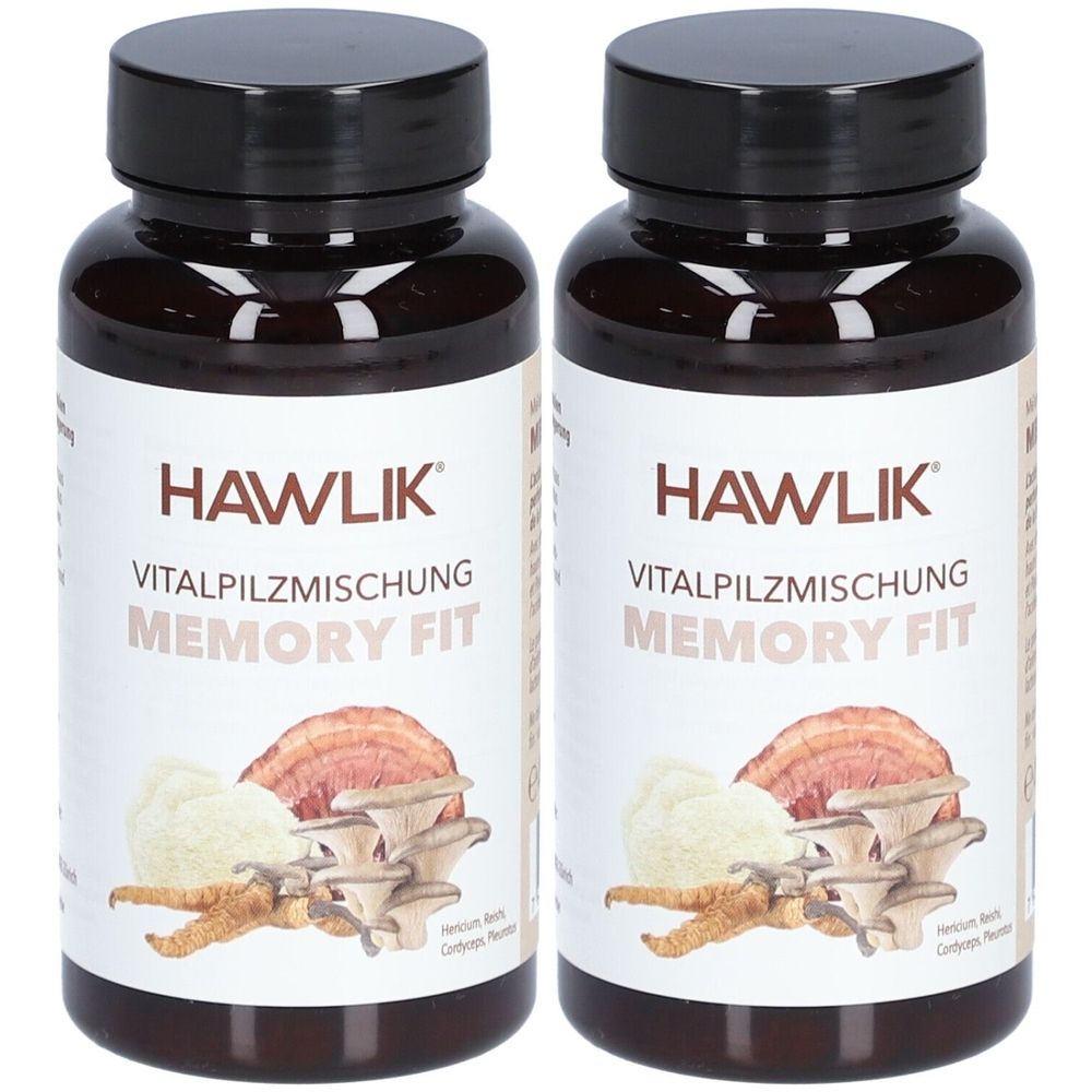 Zwei braune Flaschen mit schwarzem Deckel. Aufschrift: HAWLIK Vitalpilzmischung Memory Fit. Abbildung von Pilzen.
