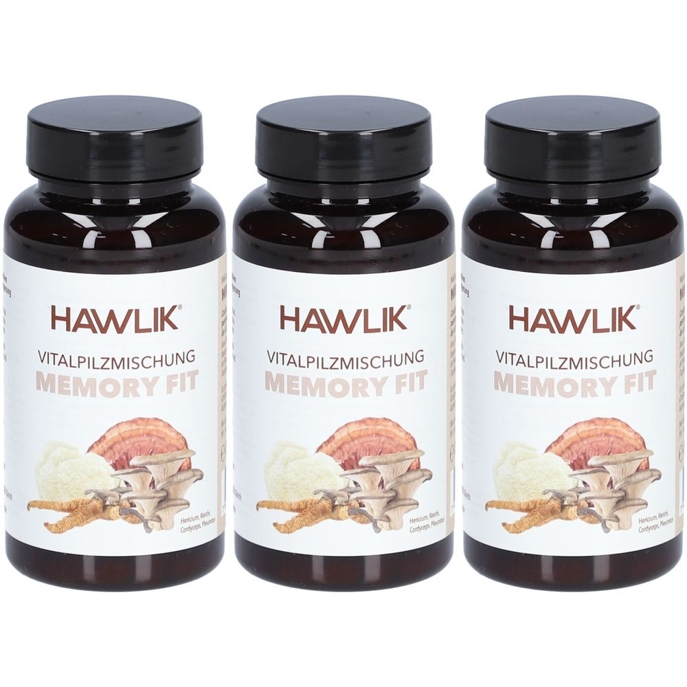 Drei Flaschen mit schwarzem Deckel. Aufschrift: HAWLIK Vitalpilzmischung Memory Fit. Abbildung von Pilzen und Kräutern.