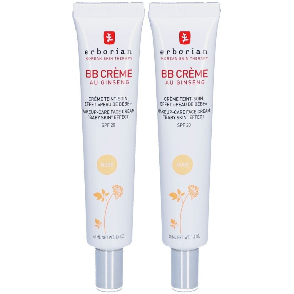 Zwei Tuben BB Crème mit Ginseng. Weiße Tuben mit silbernen Verschlüssen. Produktbezeichnung und SPF 20 sind aufgedruckt.