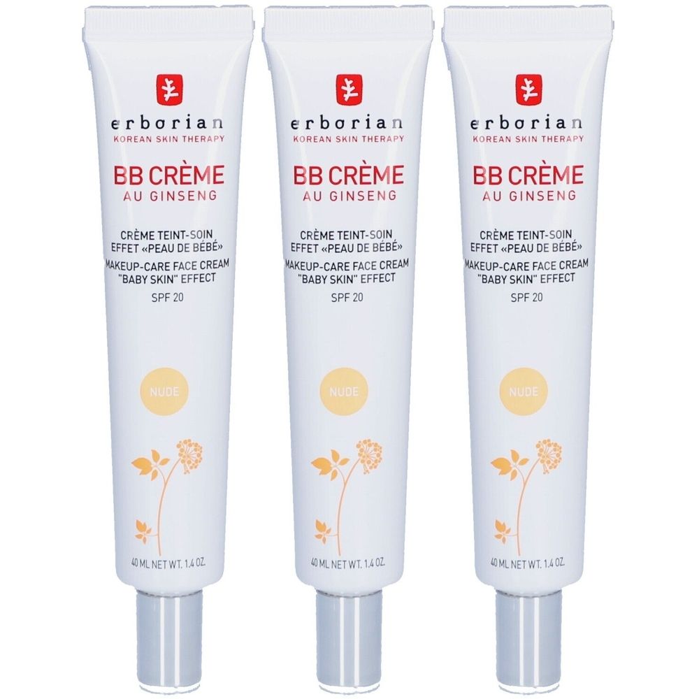 Drei Tuben BB Crème mit Ginseng. Weiße Tuben mit roter Schrift. Text: BB Crème, SPF 20. Unten: 40 ml.