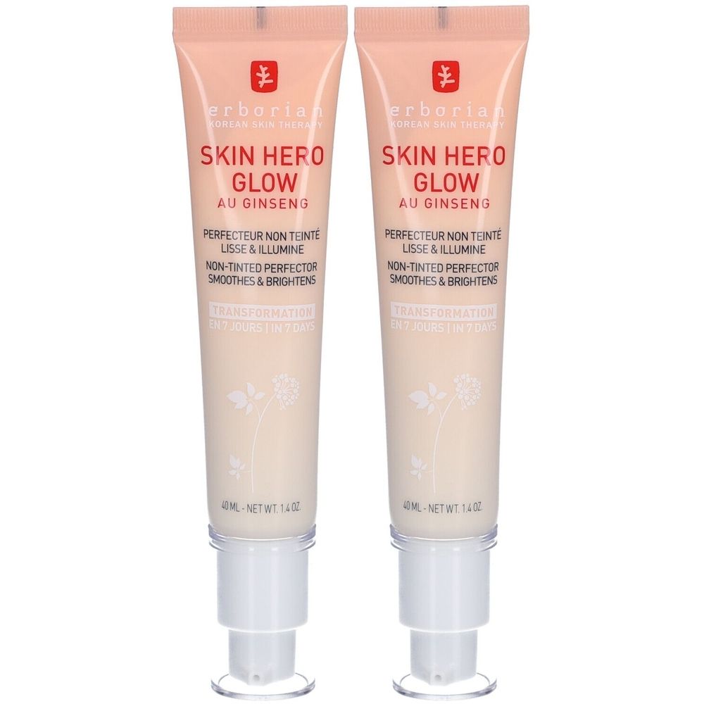 Zwei Tuben Erborian Skin Hero Glow. Aufschrift: PERFECTEUR NON TEINTE, LISSE & ILLUMINE. Nicht getönter Perfektionierer, glättet & hellt auf.