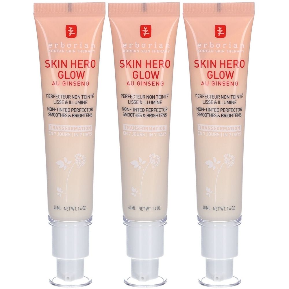 Drei Tuben Erborian Skin Hero Glow. Aufschrift: Skin Hero Glow, Perfektionierer, glättet und hellt auf. Mit Dosierpumpe.