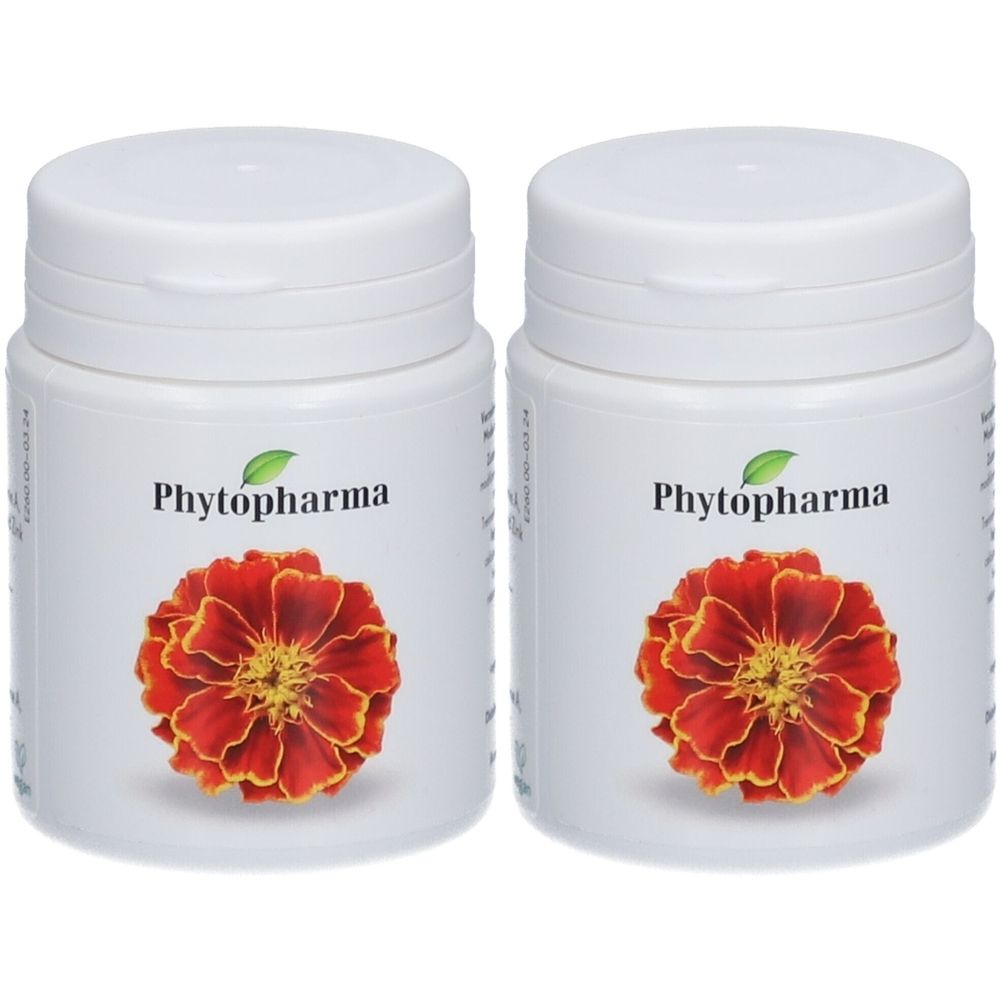 Deux flacons blancs avec couvercles. Inscription Phytopharma et image d'une fleur rouge. Étiquette avec texte.
