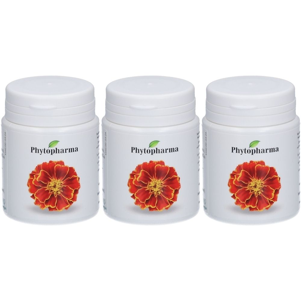 Trois flacons blancs avec couvercles. Chaque flacon présente une image de fleur rouge et le texte Phytopharma.