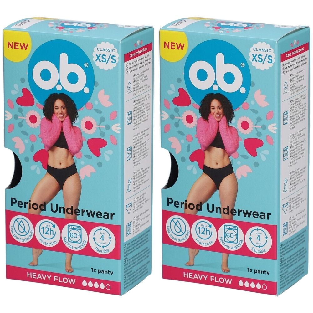 Zwei Packungen Periodenunterwäsche. Marke: o.b. XS/S. Aufdruck: Period Underwear, Heavy Flow. Abbildung einer Frau in Unterwäsche.