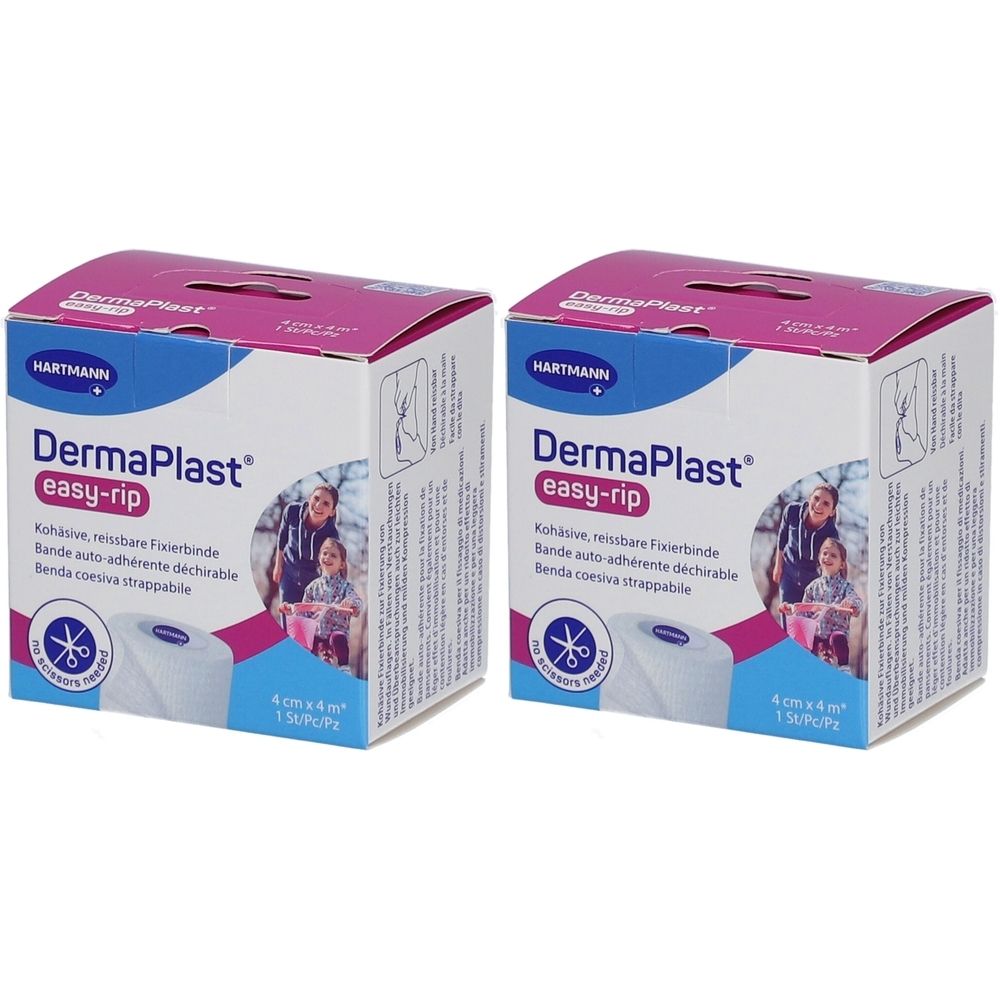 Deux boîtes DermaPlast easy-rip. Inscription : HARTMANN, bande cohésive, 4 cm x 4 m. Emballage rose et blanc avec illustration.