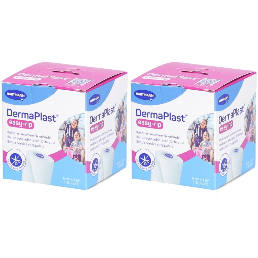Deux boîtes de bandage auto-adhésif DermaPlast easy-rip. Emballage bleu et rose avec nom et logo du produit. 6 cm x 4 m.