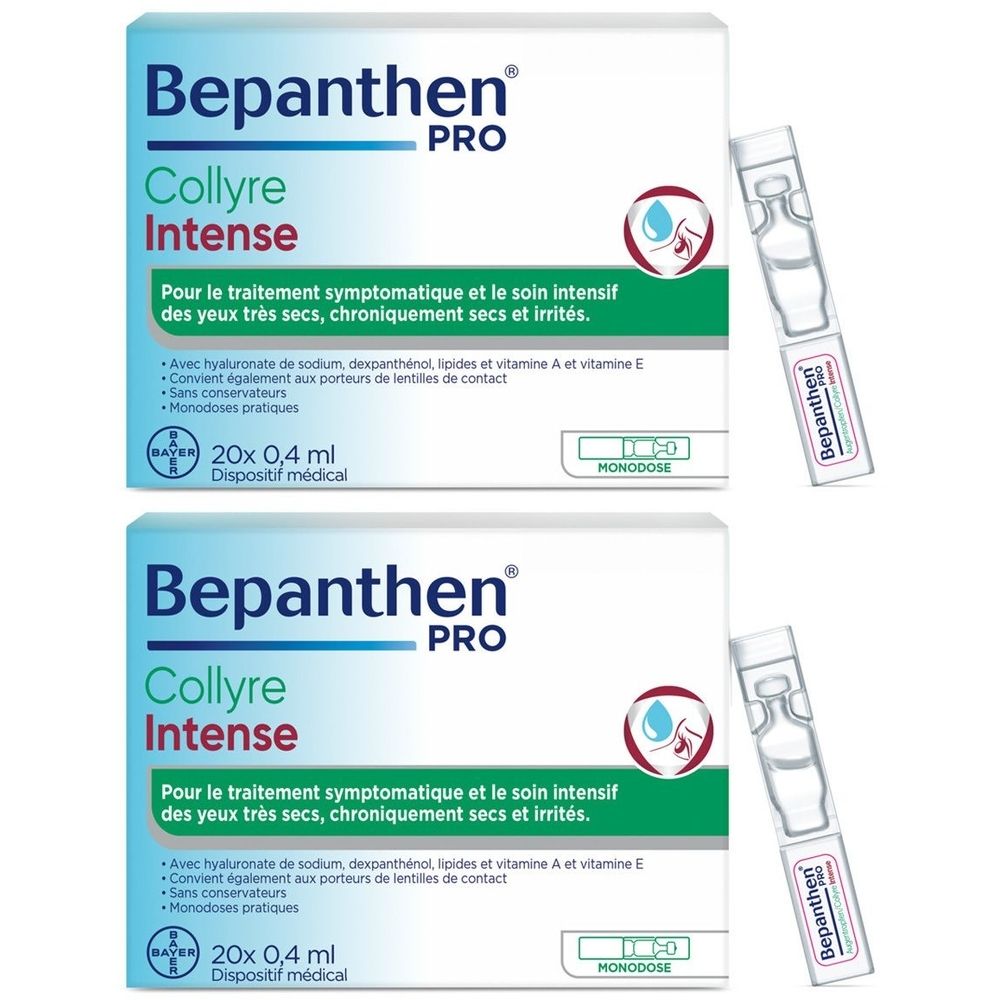 Zwei Schachteln Bepanthen Pro Collyre Intense. Auf jeder Schachtel sind 20 Einzeldosen abgebildet. Aufschrift: Für trockene Augen.
