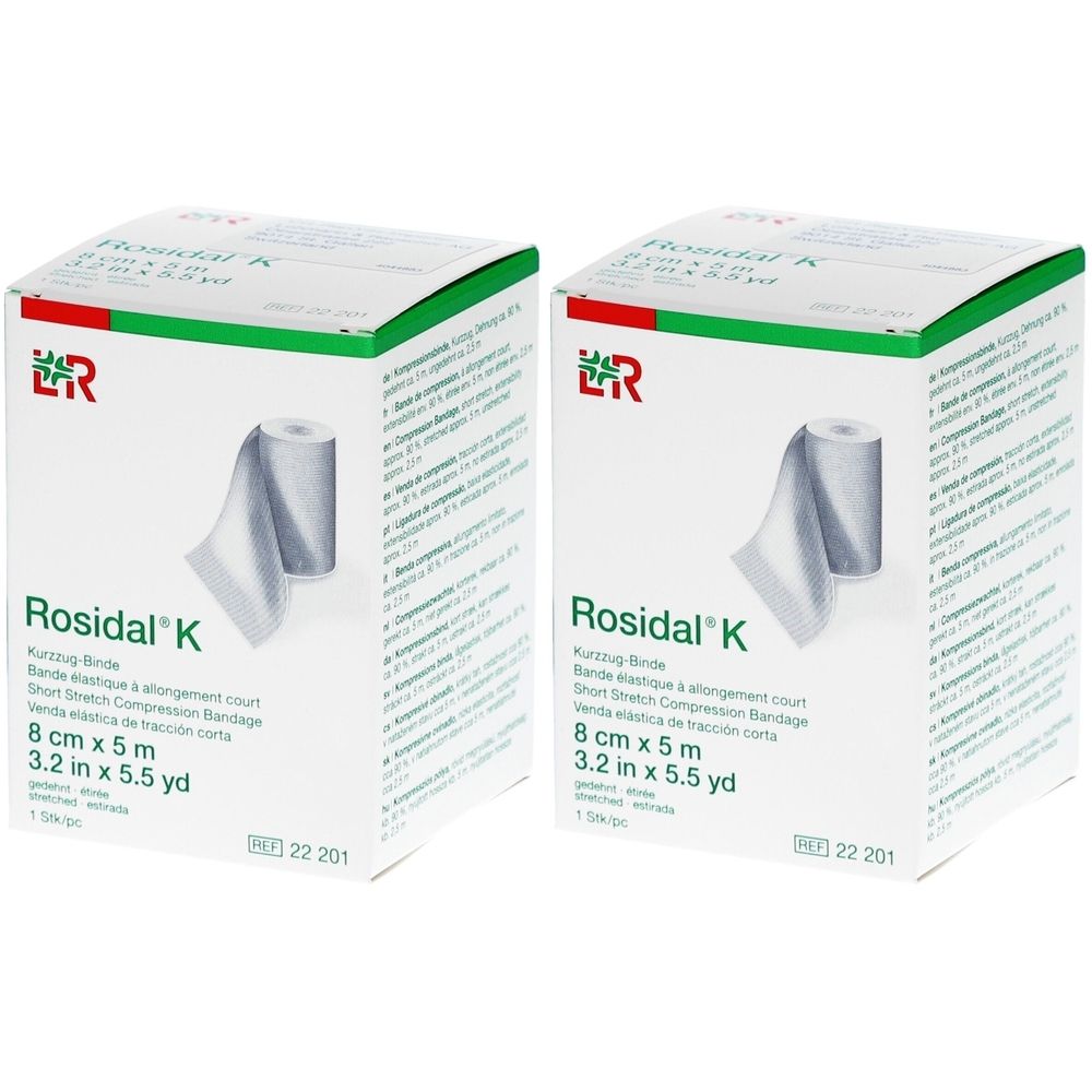 Zwei Kartons Rosidal® K Kompressionsbinde. Aufdruck: 8 cm x 5 m. Herstellerlogo. Produktname und Maße deutlich sichtbar.