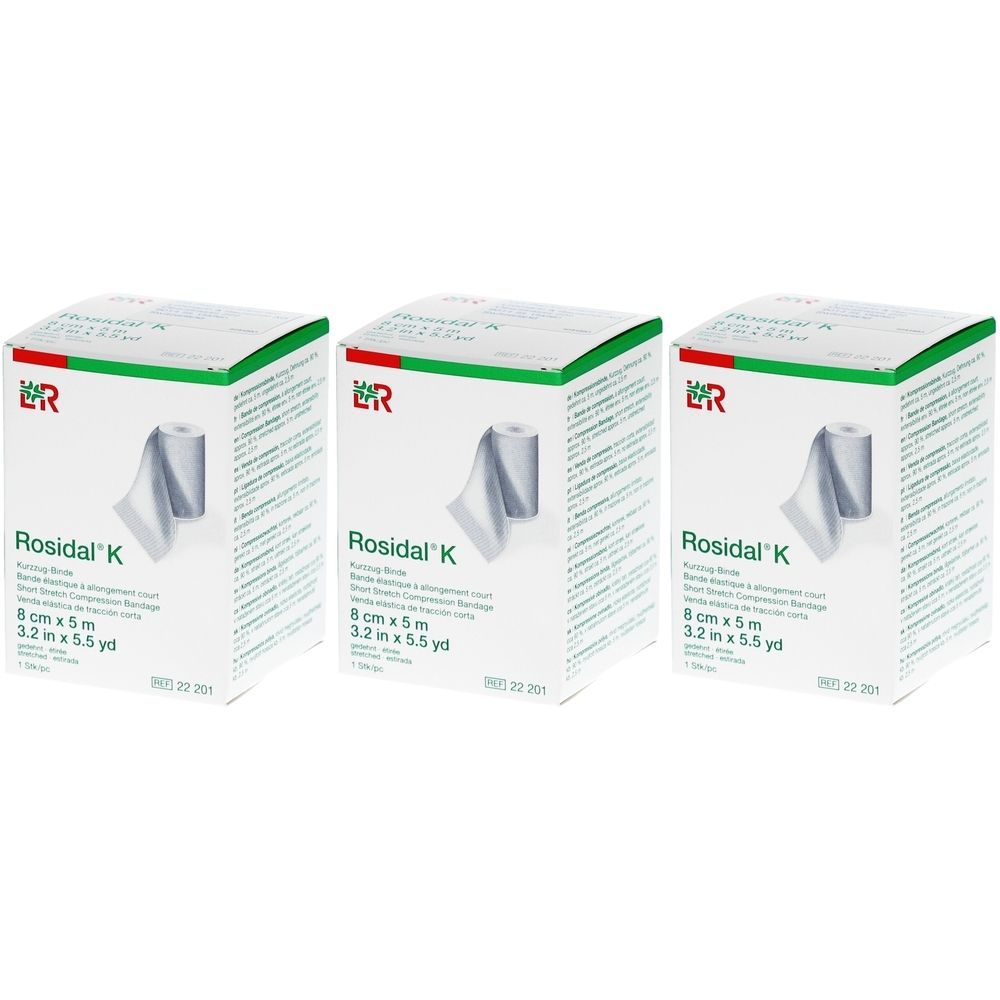 Drei Packungen Rosidal K, Bandagen. Jede Packung zeigt eine Rolle Bandage. Größe: 8 cm x 5 m.