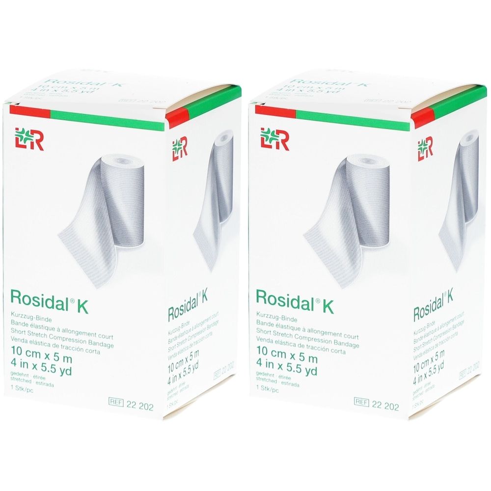 Deux boîtes de Rosidal® K. Chaque boîte montre un rouleau de bandage. Inscription : 10 cm x 5 m, 4 in x 5.5 yd.