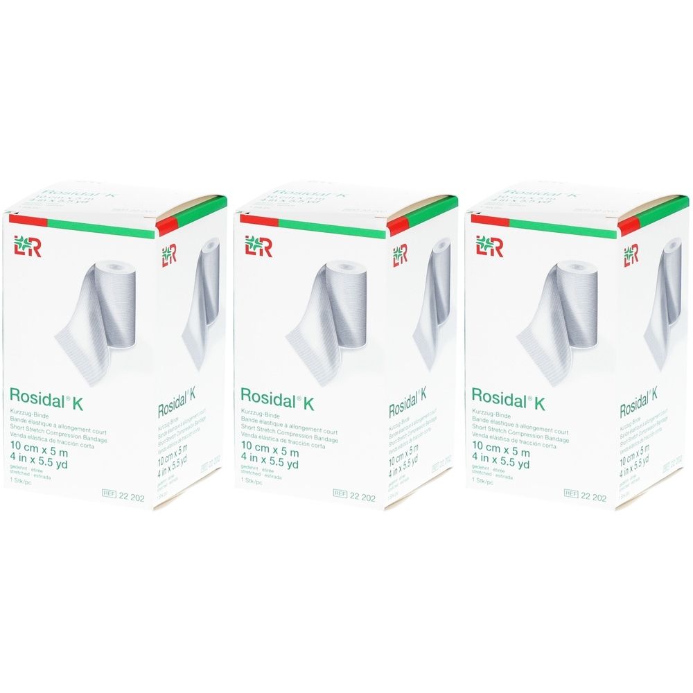 Trois boîtes de bandage Rosidal K. Chaque boîte montre un rouleau de bandage. Impression : 10 cm x 5 m.