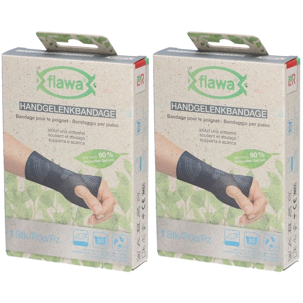 Zwei Verpackungen der Handgelenkbandage von flawa®. Aufdruck: HANDGELENKBANDAGE, 90% recyceltes Material. Mit Abbildung eines Handgelenks.