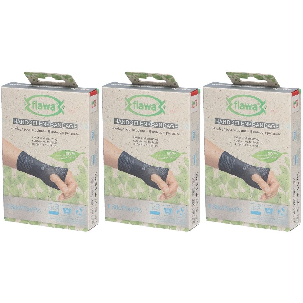 Trois boîtes de bandage pour le poignet flawa®. Sur chaque boîte, une main avec un bandage est représentée. Texte: Handgelenkbandage.